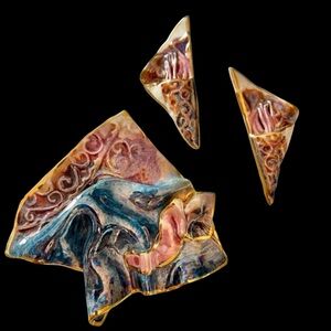 Vintage Artisan Ceramic Glazed Brooch Pin and Earring Set